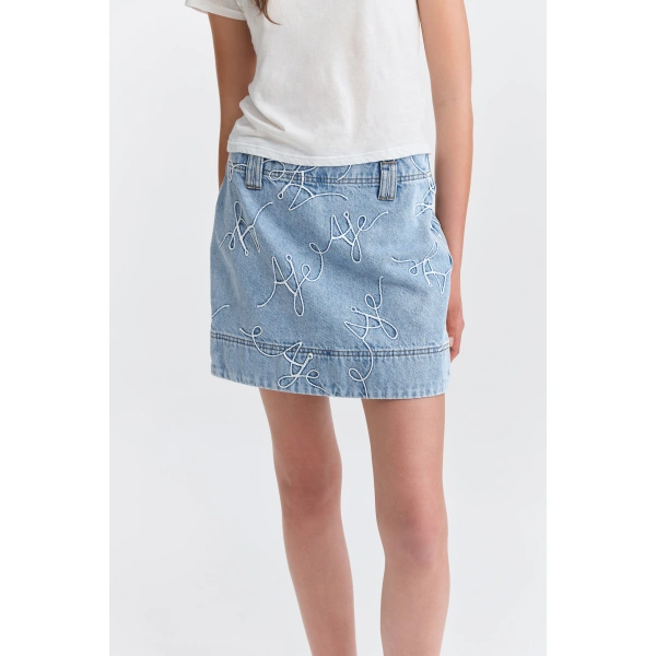 Aje Coast Logo Denim Mini Skirt in Light Wash Blue | Skirts | Coveti