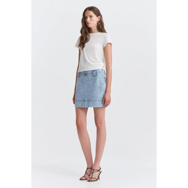 Aje Coast Logo Denim Mini Skirt in Light Wash Blue | Skirts | Coveti
