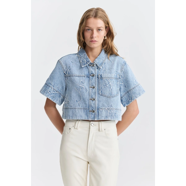 Aje Coast Logo Denim Shirt in Light Wash Blue | Shirts | Coveti
