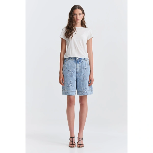 Aje Coast Logo Denim Shorts in Light Wash Blue | Shorts | Coveti