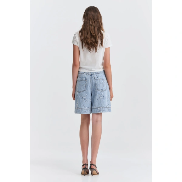 Aje Coast Logo Denim Shorts in Light Wash Blue | Shorts | Coveti