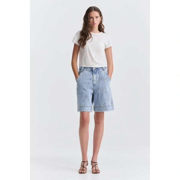 Aje Coast Logo Denim Shorts in Light Wash Blue | Shorts | Coveti
