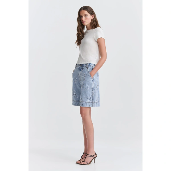 Aje Coast Logo Denim Shorts in Light Wash Blue | Shorts | Coveti