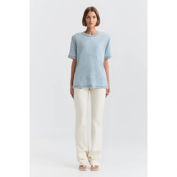 Aje Coast Logo Denim Wash Tee in Light Wash Blue | T-shirts | Coveti