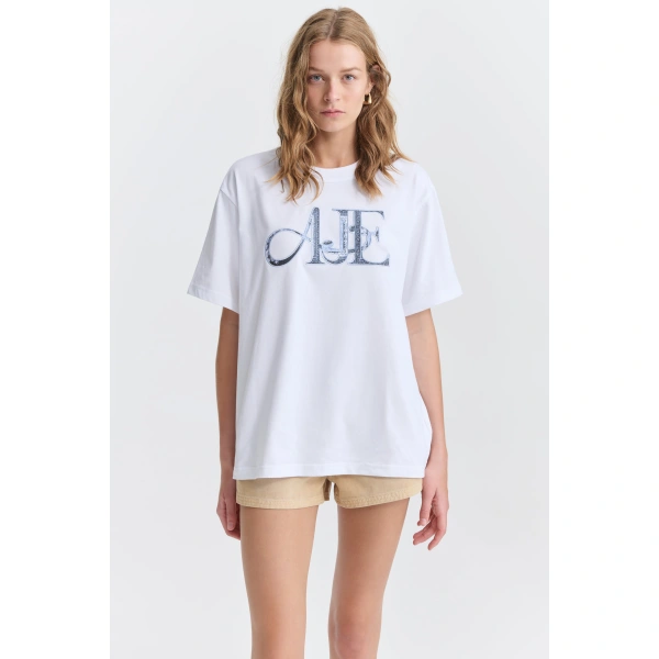 Aje Dive Logo Oversized Tee in White/Blue Heirloom | T-shirts | Coveti