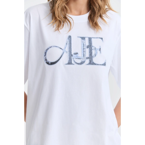 Aje Dive Logo Oversized Tee in White/Blue Heirloom | T-shirts | Coveti