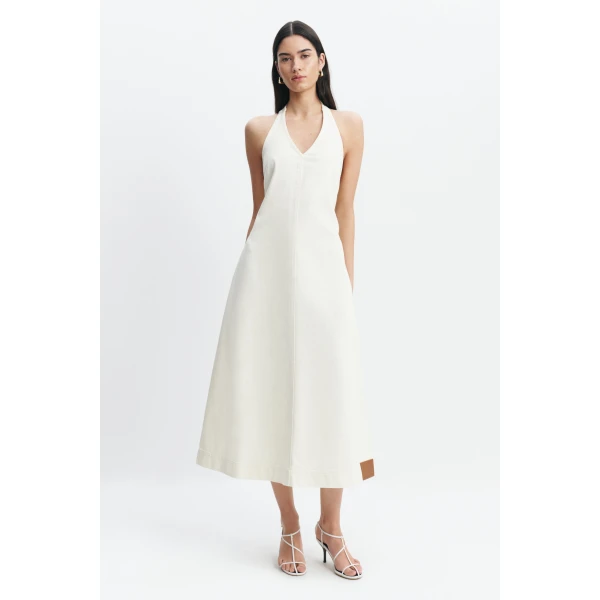 Aje Elsie Denim Halter Dress in Ecru Wash | Maxi Dresses | Coveti