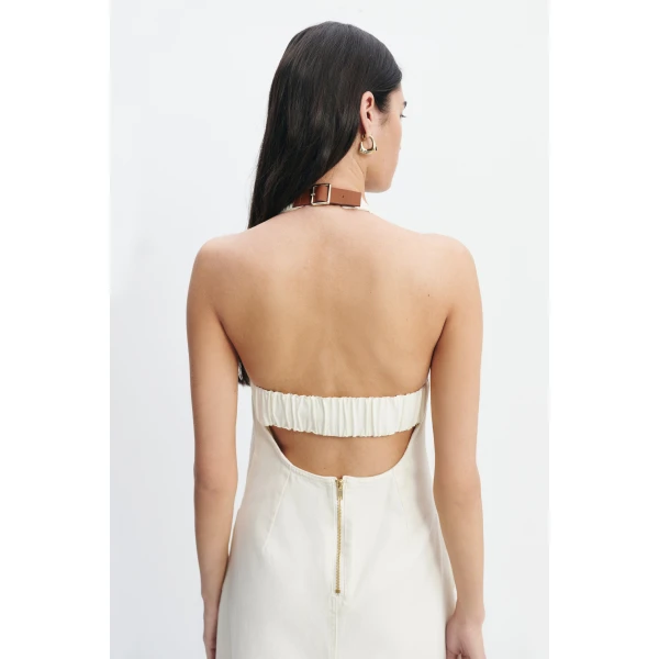 Aje Elsie Denim Halter Dress in Ecru Wash | Maxi Dresses | Coveti