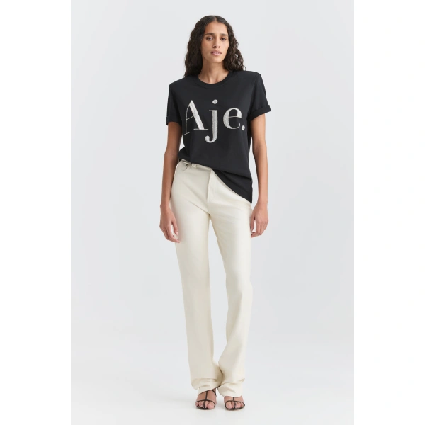 Aje Katalin Embellished Logo Tee in Black/Silver | T-shirts | Coveti