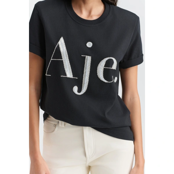 Aje Katalin Embellished Logo Tee in Black/Silver | T-shirts | Coveti