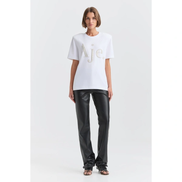 Aje Katalin Embellished Logo Tee in White/Silver | T-shirts | Coveti