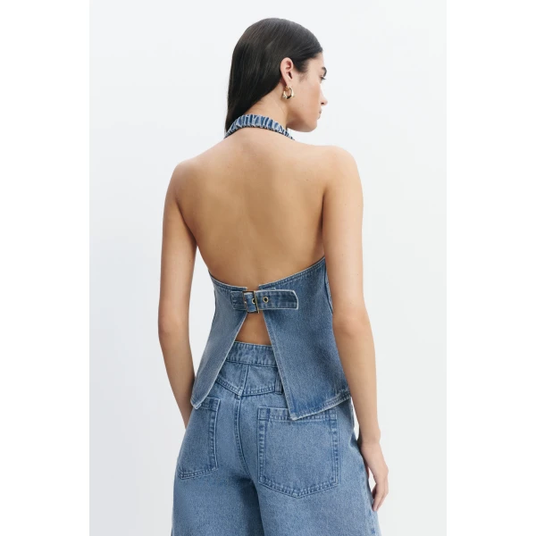 Aje Kendall Halter Top in Light Wash | Tops | Coveti