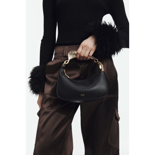 Aje Leaf Texture Top Handle Bag in Black | Shoulder & Crossbody Bags | Coveti