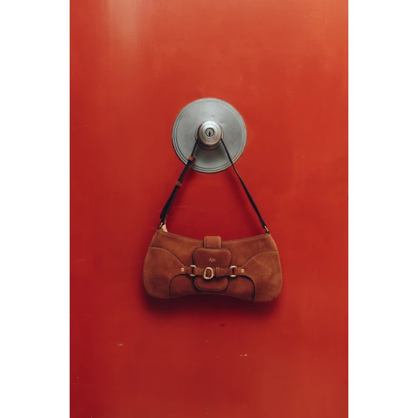 Aje Macy Suede Baguette Bag in Amber Brown Suede | Shoulder & Crossbody Bags | Coveti