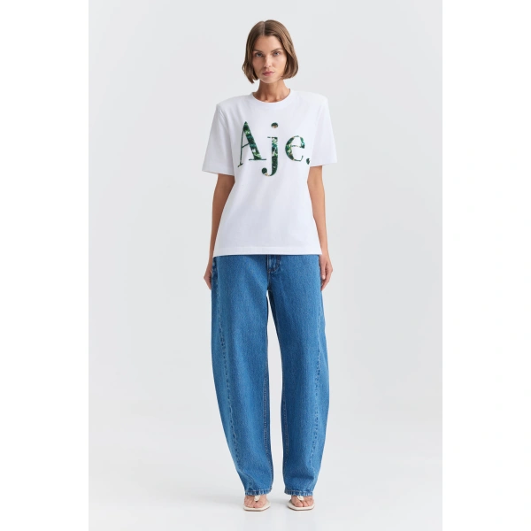 Aje Solana Embellished Logo Tee in White/Emerald | T-shirts | Coveti