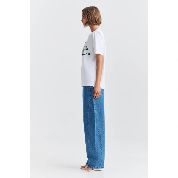 Aje Solana Embellished Logo Tee in White/Emerald | T-shirts | Coveti