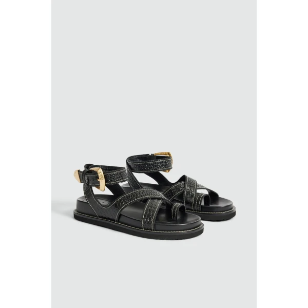 Aje Spencer Buckle Sandal in Black Croc | Sandals | Coveti