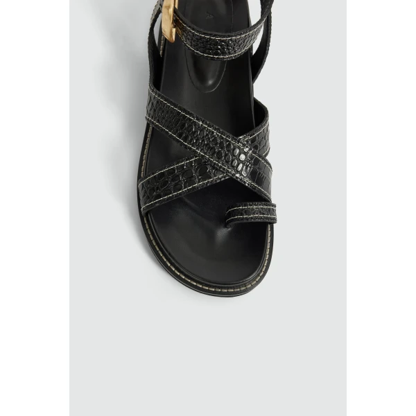 Aje Spencer Buckle Sandal in Black Croc | Sandals | Coveti