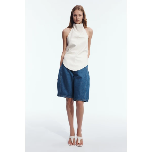 Aje Vaila Denim Bermuda Short in Deep Blue Wash | Shorts | Coveti