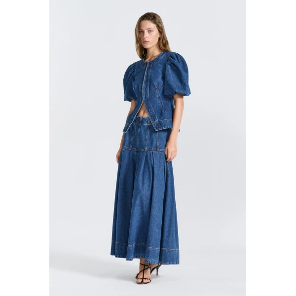 Aje Vaila Denim Midi Skirt in Deep Blue Wash | Skirts | Coveti