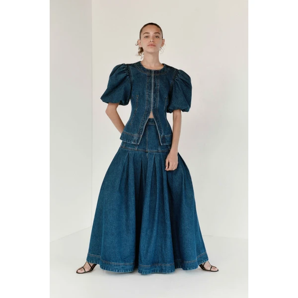 Aje Vaila Denim Midi Skirt in Deep Blue Wash | Skirts | Coveti