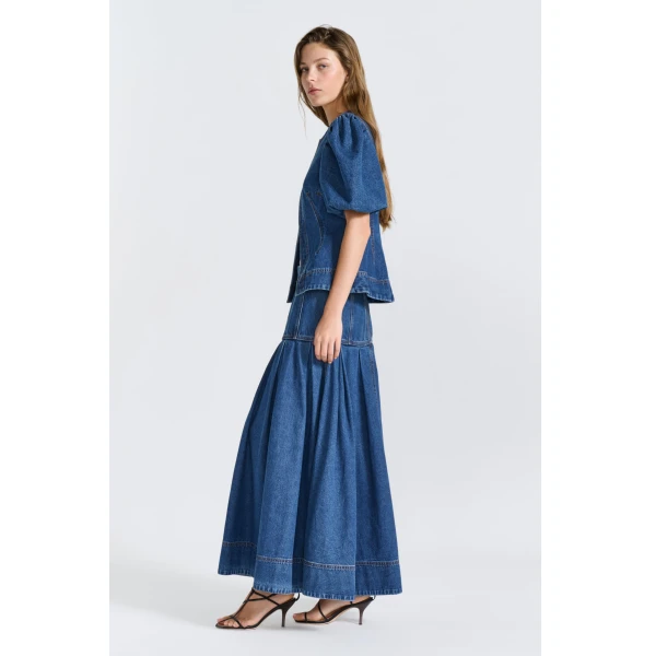 Aje Vaila Denim Midi Skirt in Deep Blue Wash | Skirts | Coveti