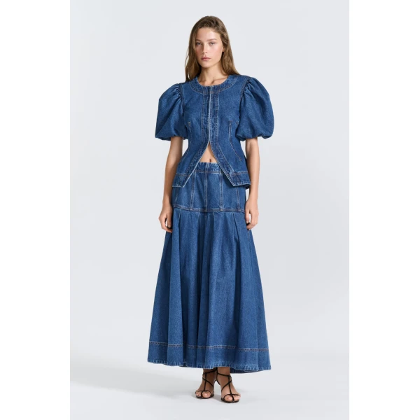 Aje Vaila Denim Midi Skirt in Deep Blue Wash | Skirts | Coveti