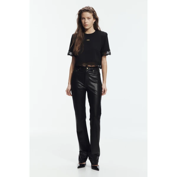 Aje Verity Lace Hem Cropped Tee in Black/Black | T-shirts | Coveti