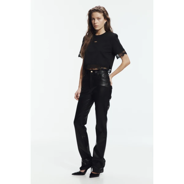 Aje Verity Lace Hem Cropped Tee in Black/Black | T-shirts | Coveti