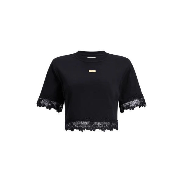 Aje Verity Lace Hem Cropped Tee in Black/Black | T-shirts | Coveti