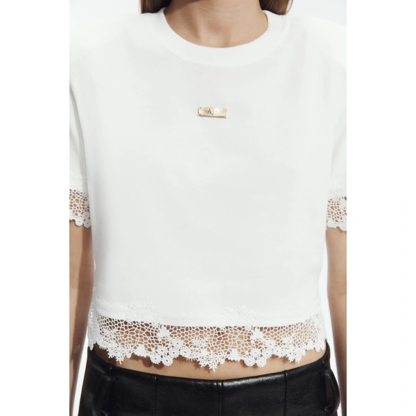 Aje Verity Lace Hem Cropped Tee in White/White | T-shirts | Coveti