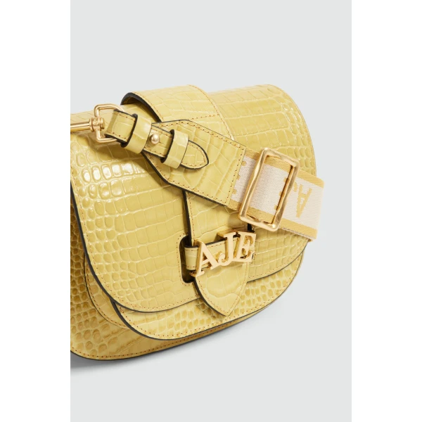 Aje Viva Croc Emboss Saddle Bag in Golden Ochre Croc | Shoulder & Crossbody Bags | Coveti