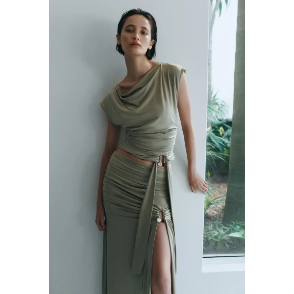 Aje Willow Asymmetric Top in Pale Olive | Tops | Coveti