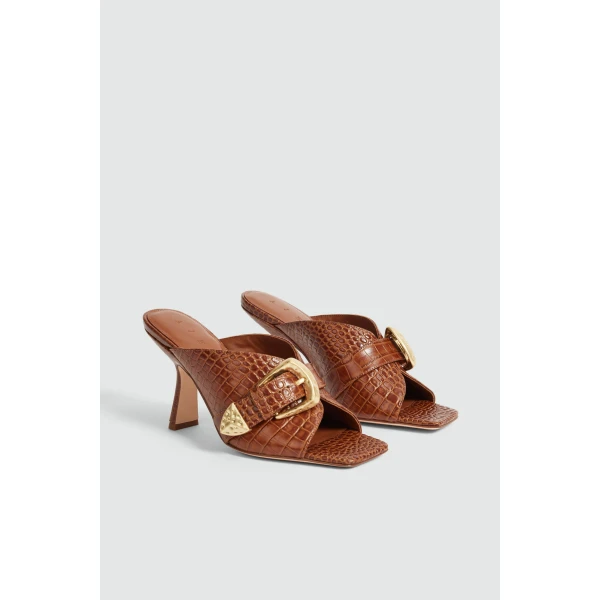 Aje Zanthe Open Toe Heel Mule in Amber Croc | Heels | Coveti