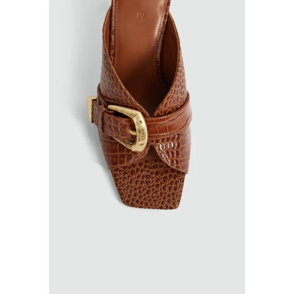 Aje Zanthe Open Toe Heel Mule in Amber Croc | Heels | Coveti