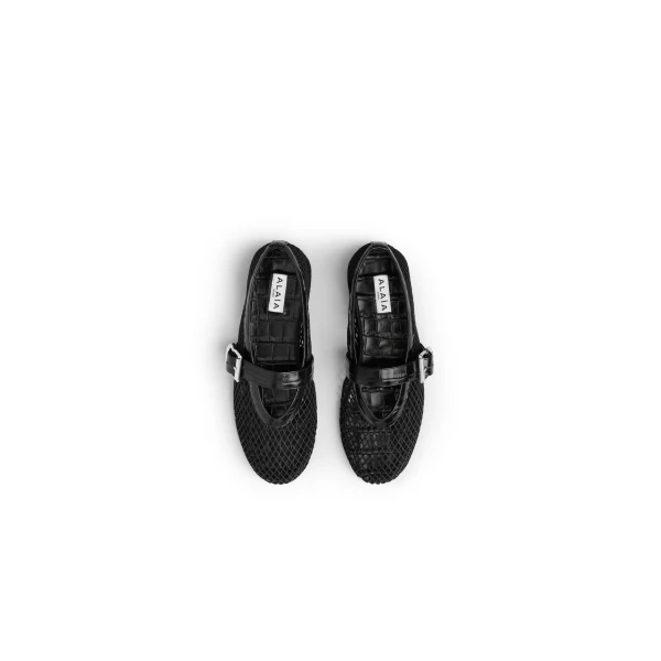 Alaia Ballet Flats in Fishnet and Crocodile Embossed Calfskin, Black | Flats | Coveti