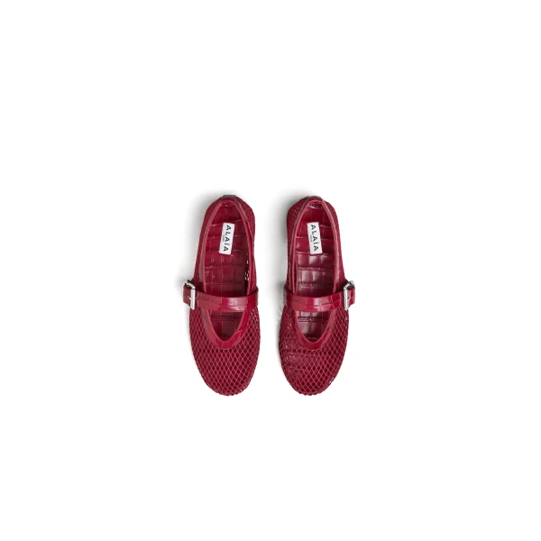 Alaia Ballet Flats in Fishnet and Crocodile Embossed Calfskin, Cherry | Flats | Coveti