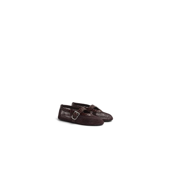 Alaia Ballet Flats in Fishnet and Crocodile Embossed Calfskin, Dark Brown | Flats | Coveti