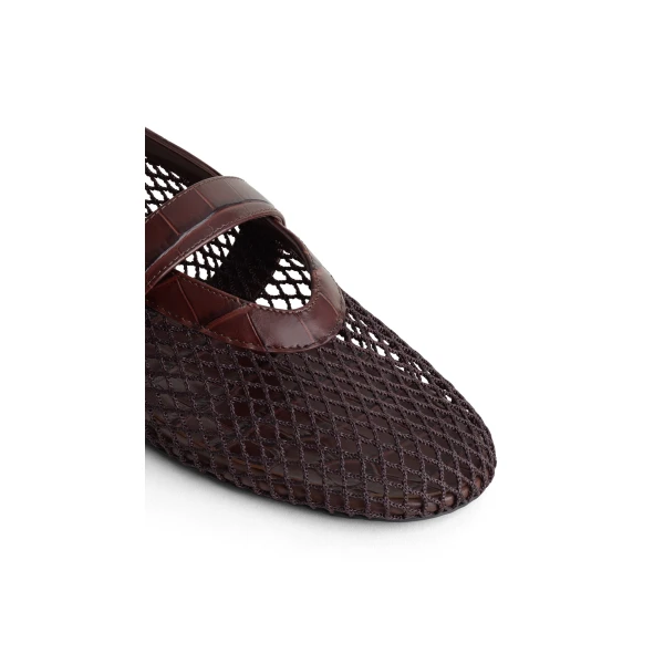 Alaia Ballet Flats in Fishnet and Crocodile Embossed Calfskin, Dark Brown | Flats | Coveti