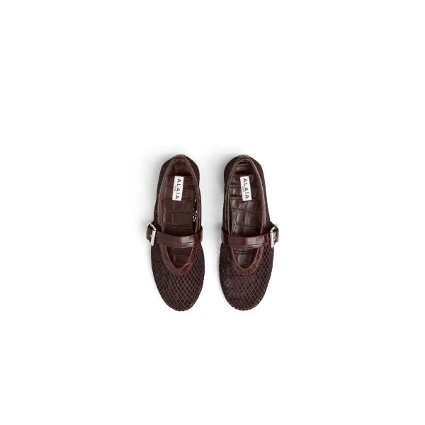 Alaia Ballet Flats in Fishnet and Crocodile Embossed Calfskin, Dark Brown | Flats | Coveti