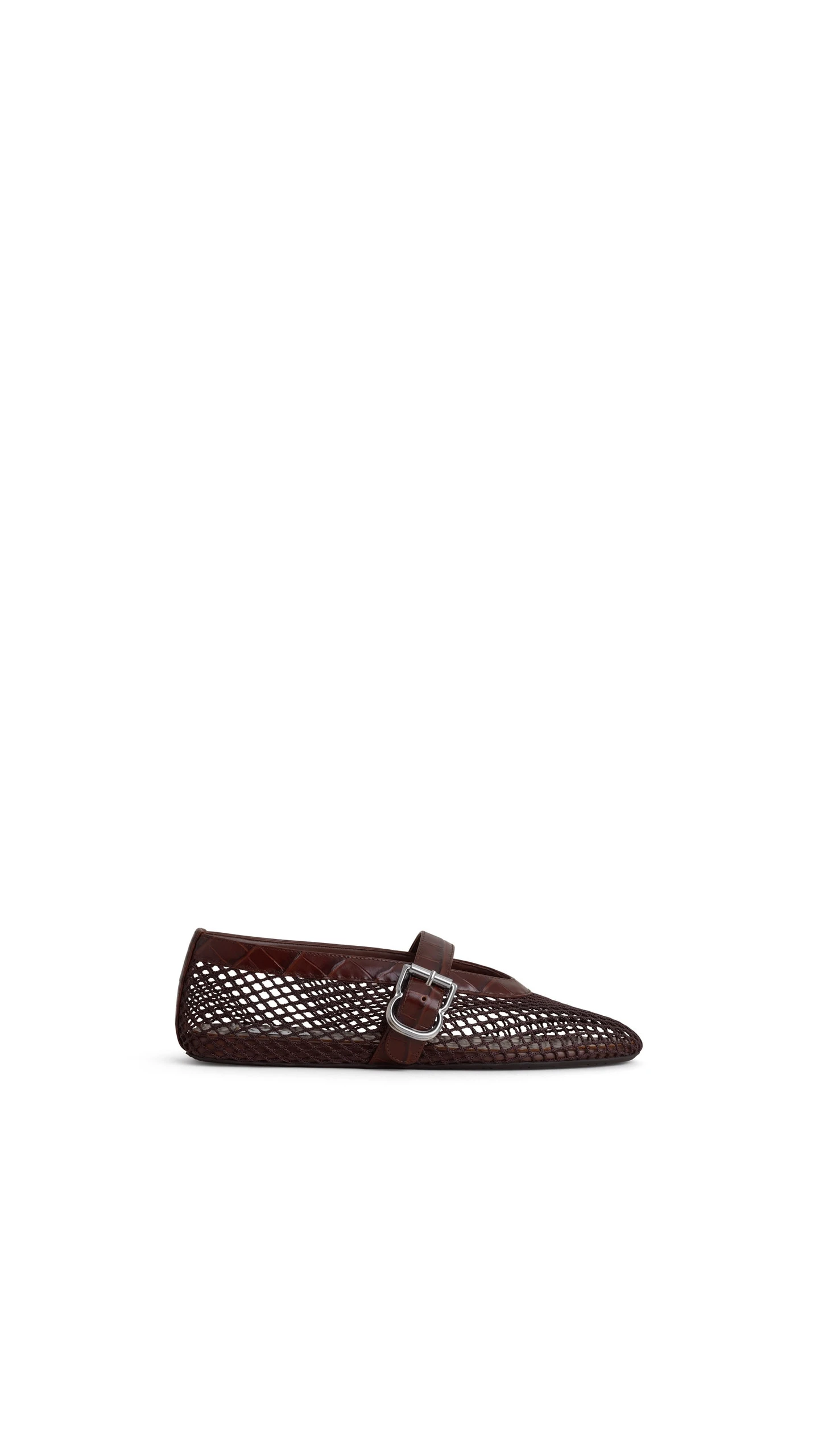 Alaia Ballet Flats in Fishnet and Crocodile Embossed Calfskin, Dark Brown Alaia Ballet Flats in Fishnet and Crocodile Embossed Calfskin, Dark Brown | Flats | Coveti