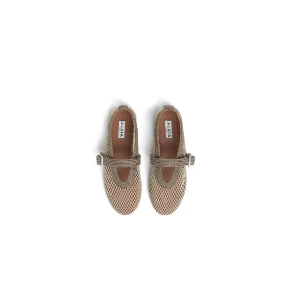 Alaia Ballet Flats in Fishnet and Satin Cord, Beige Grey | Flats | Coveti