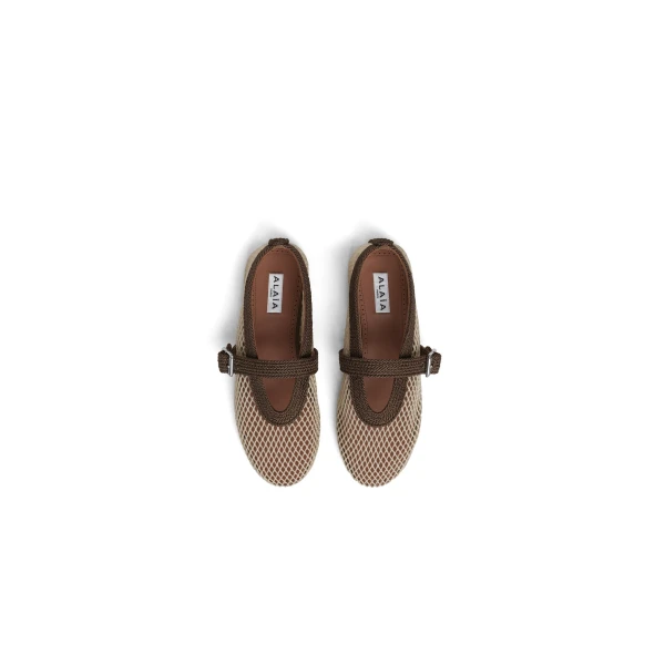 Alaia Ballet Flats in Fishnet and Satin Cord, Khaki | Flats | Coveti