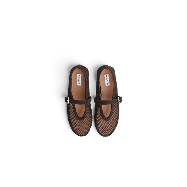 Alaia Ballet Flats in Fishnet and Suede, Dark Brown | Flats | Coveti