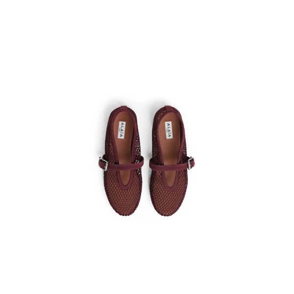 Alaia Ballet Flats in Fishnet and Suede, Garnet Red | Flats | Coveti