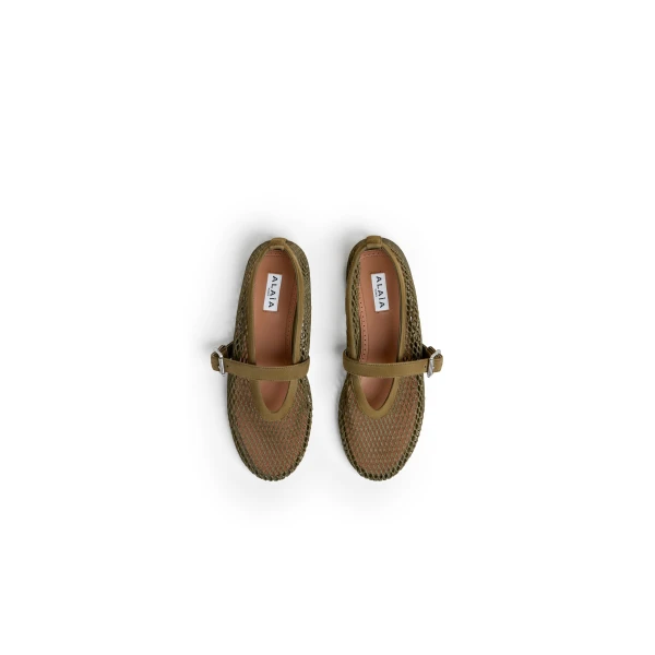Alaia Ballet Flats in Fishnet and Suede, Khaki | Flats | Coveti