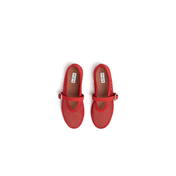 Alaia Ballet Flats in Fishnet and Suede, Orange-red | Flats | Coveti