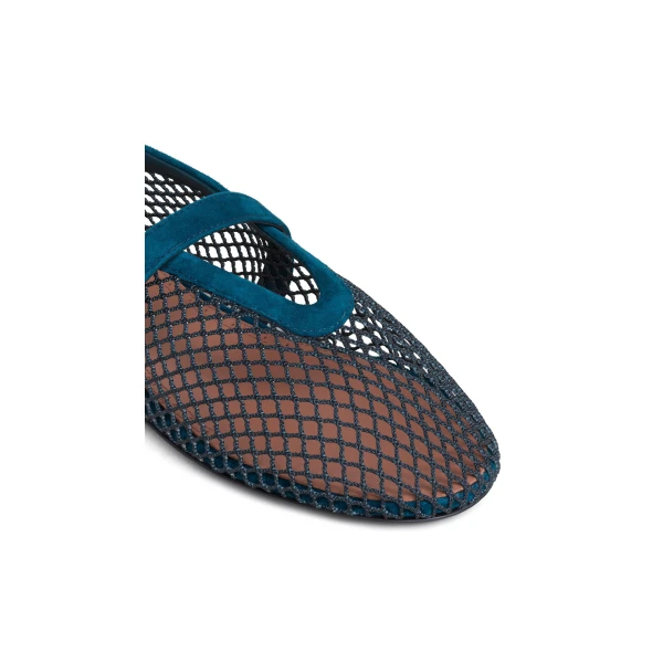 Alaia Ballet Flats in Fishnet and Suede, Peacock Blue | Flats | Coveti