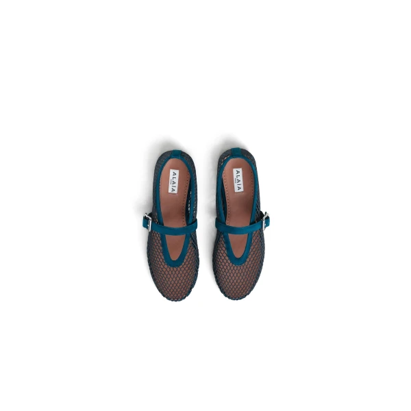 Alaia Ballet Flats in Fishnet and Suede, Peacock Blue | Flats | Coveti