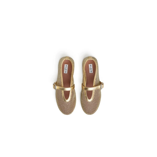 Alaia Ballet Flats in Laminated Fishnet, Platinum | Flats | Coveti
